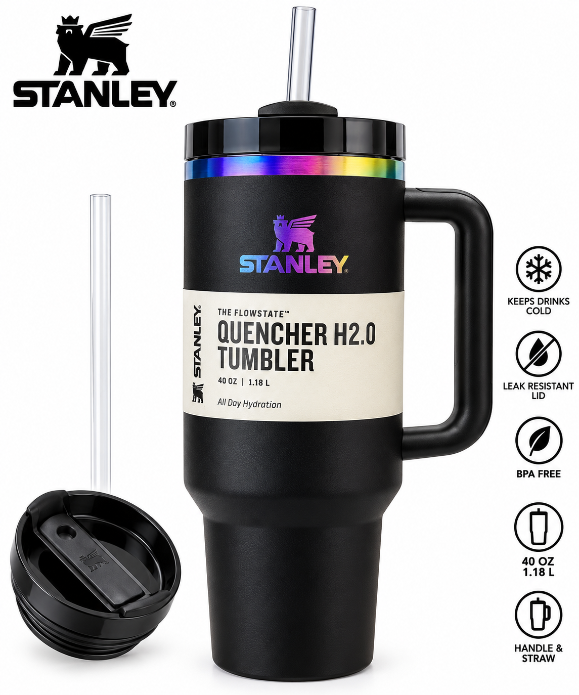 Stanley Quencher H2.0 FlowState Tumbler 40 oz / 1.18L – Black Insulated Travel Cup with Handle & Straw
